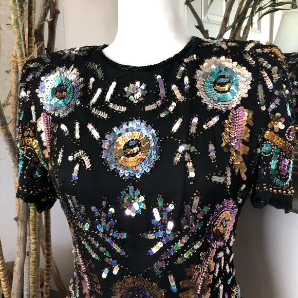 Vintage 80s Laurence Kazar Sequins Beaded Shirt S - Picture 2 of 10